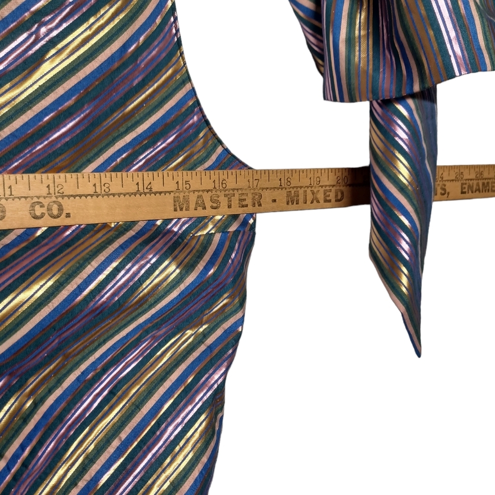 ZARA Metallic Gold Purple Green Stripe Print One Shoulder Bow Top Small - Picture 6 of 7